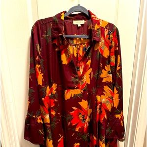 Umgee Burgundy Long Sleeve Floral Dress with Yellow & Red Blooms